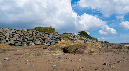 Obraz premium Vendée, FRANCE, green and brown and yellow rocks resembling camouflage on a beach in the town of Bretignolles Sur Mer.