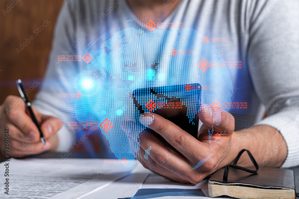 Poster double exposure of man signing contract with phone and world map network hologram. concept of intern