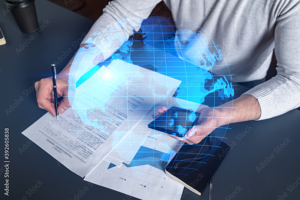 Poster double exposure of man signing contract with phone and world map network hologram. concept of intern