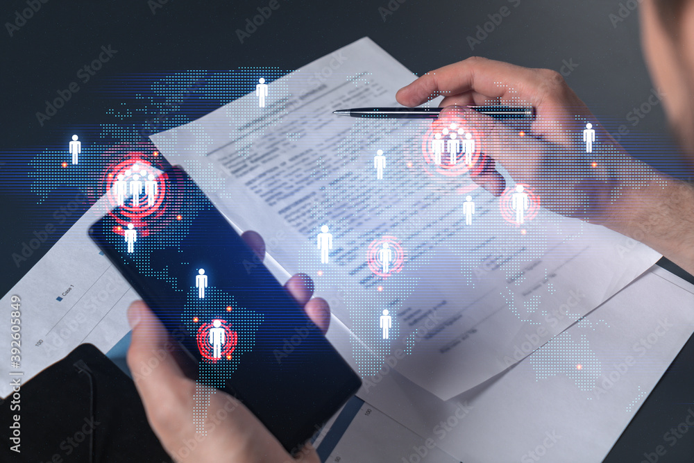 Poster double exposure of man signing contract with phone and world map network hologram. concept of intern