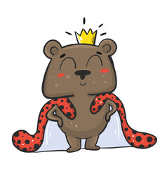 Vector illustration of character bear king in crown and mantle. Cute concept suitable for baby accessories