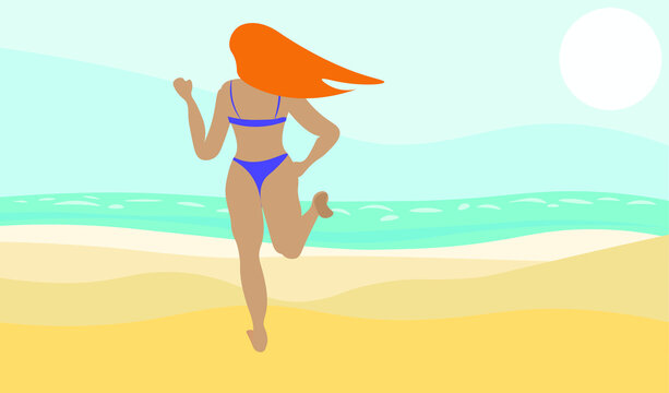 Running girl on the beach, to the water.
Summer illustration with sea or ocean and sand. The bright sun shines. Card, banner or poster design.