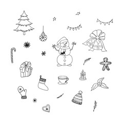Winter holiday doodle set. Snowmen christmas bell gift box meet holly christmas tree cap sock candle hand drawn ink art design element for web for print