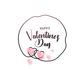 Continuous uneven sketch line heart round shape frame with realistic paper heart and greeting happy valentine day text isolated on white background. Love border pattern invitation design