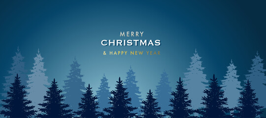 Fototapeta na wymiar Christmas blue banner. Pine trees silhouette and snowflakes. Xmas and happy new year banner design. Winter landscape. Horizontal poster, greeting card, headers for website