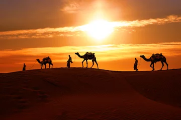 Fotobehang Cameleers, camel Drivers at sunset. Thar desert on sunset Jaisalmer, Rajasthan, India. © Andrei Armiagov