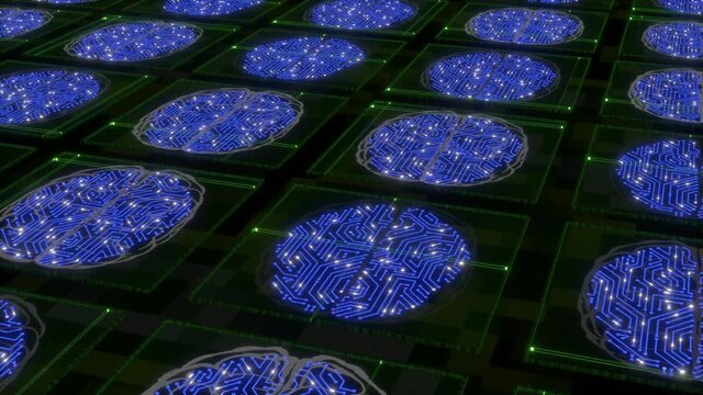 Sliding view of an array of electronic circuits designed in a brain shape with electrical signals that flow within them bringing up drawn brains that flashing on and off