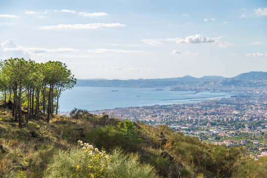 Panoramic daytime view of Naples city from Mount Vesuvius. Italy Napoli 