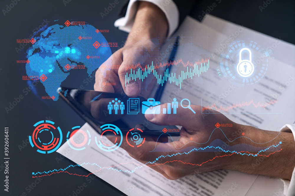 Poster businessman search and analyze using on-line app on phone. research and development hologram.