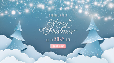 Merry christmas sale 50 off vector background. Winter holiday discount ad banner with light garland, spruce fir tree, clouds, falling snow texture effect and offer text in papercut style
