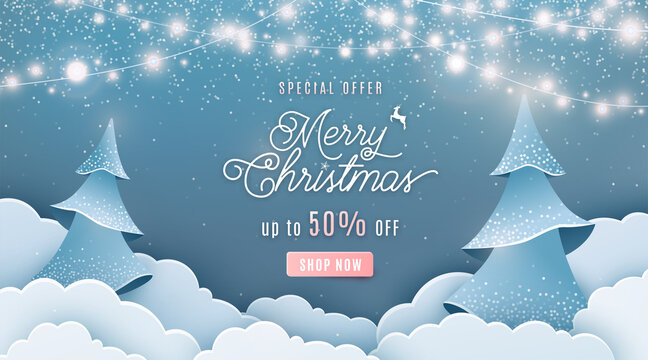 Merry Christmas Sale 50 Off Vector Background. Winter Holiday Discount Ad Banner With Light Garland, Spruce Fir Tree, Clouds, Falling Snow Texture Effect And Offer Text In Papercut Style