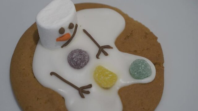 A gingerbread cookie decorated with a melted snowman.