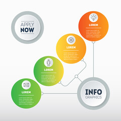 Diagram, infographic of technological or education process with four steps. Mind map. Business presentation concept with 4 options. Template of info chart with button "apply now".
