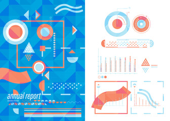 Annual report cover and set of business statistic elements template. Vector illustration.