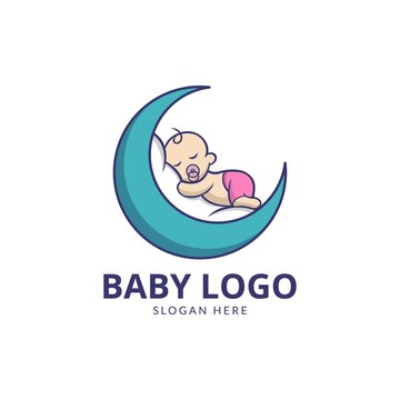 Cute baby with moon logo design vector