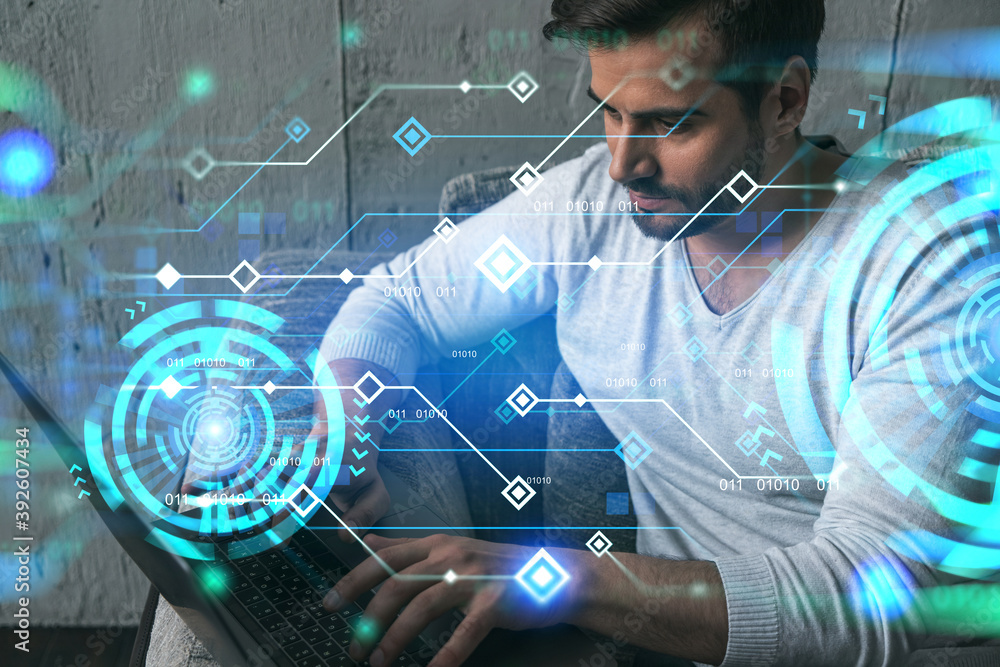 Poster a serious caucasian man in casual wears, typing laptop to create a new developers code for app. doub