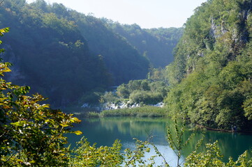 Fototapeta na wymiar Cascades of Plitvice Lakes waterfalls in Croatia