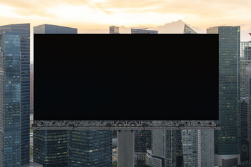 Blank black road billboard with Singapore cityscape background at sunset. Street advertising poster, mock up, 3D rendering. Front view. The concept of marketing communication to sell idea.