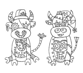 Set of 2 bulls in the steampunk style. Ox, Chinese zodiac symbol of new 2021 year. Vector illustration. Asian new year. Eastern horoscope.Metal Bulls isolated on a white.Coloring book for children