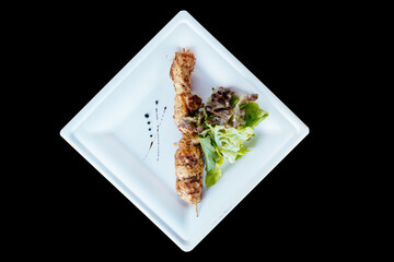 Chicken kebab on a gifty stick with herbs on a plate.