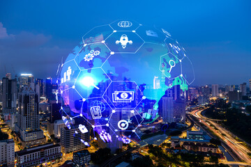 Research and technological development glowing icons. Night panoramic city view of Kuala Lumpur. Concept of innovative activities expanding new services or products in Malaysia, Asia. Double exposure.