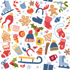 Fototapeta na wymiar Decorative vector seamless pattern with Christmas and New Year decoration.