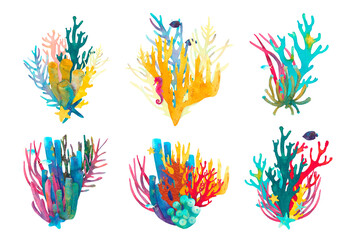 Fototapeta na wymiar Coral reef watercolor illustration 6 compositions. Hand drawn underwater sea life decorative design. Beautiful bright corals, fish, starfish, seaweed, marine life on white background