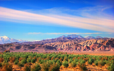 Amazing nature scenery - bizzare colorful rocks - mountain range at the background of blue sky at sunset time and green orange trees. View from Tehran - Isfahan road, Iran, Middle East, Western Asia.