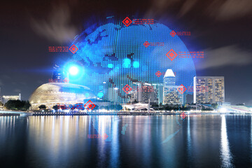 Hologram of Earth planet map on night panoramic cityscape of Singapore, Asia. The concept of international companies. Multi Exposure.