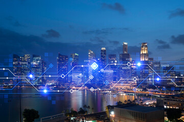 Information flow hologram, night panorama city view of Singapore. The largest technological center in Asia. The concept of programming science. Double exposure.