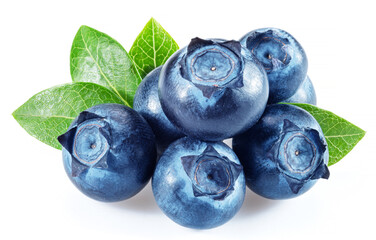 Blueberries with blueberry leaves isolated on a white background.