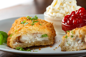 Section of fried fish  with ketchup and mayonnaise