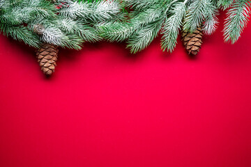 Red New Year or Christmas background with fir branch and fir cones.