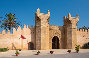 Chellah entrance gate - Bab Zaer. Chellah or Sala Colonia is a medieval fortified necropolis located in Rabat, Morocco. Rabat is the capital of Morocco , Africa. Park full of old ruins and history - obrazy, fototapety, plakaty