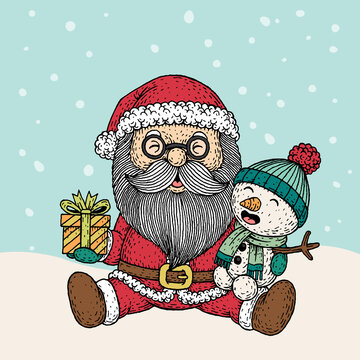 Hand drawn santa claus and snowman in christmas, Vector