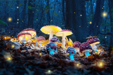 Mystical fly agarics glow in a mysterious dark forest. Fairytale background for Halloween.
