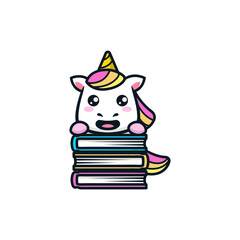 Cute unicorn in student reading and holding books