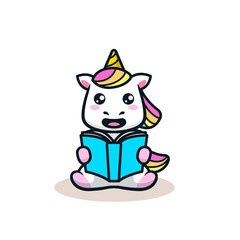 Cute unicorn in student reading and holding books
