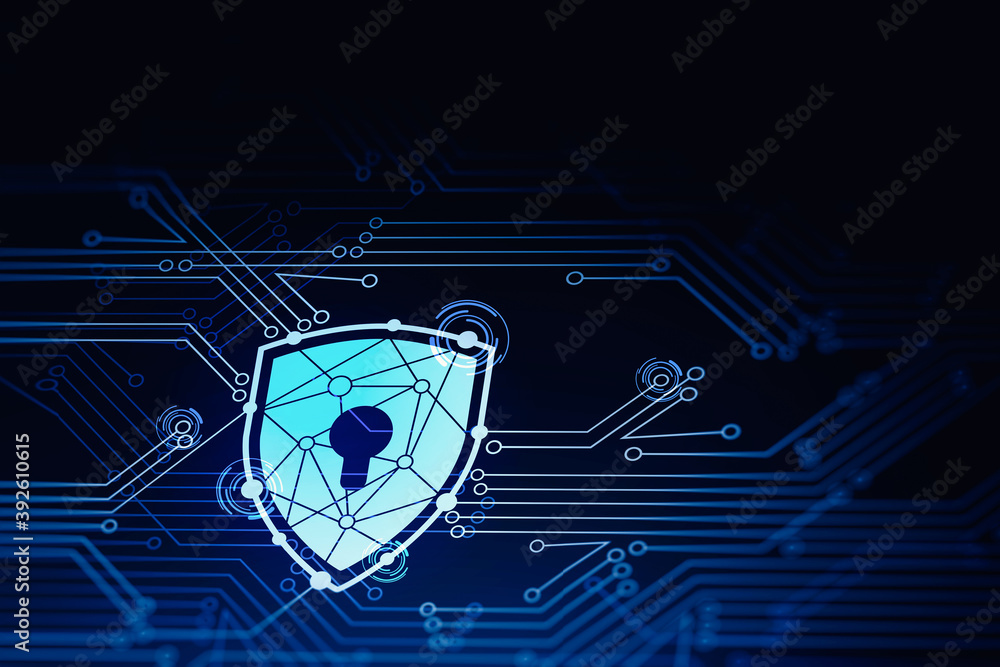 Poster modern cyber security interface over dark blue background. concept of data protection from hackers. 