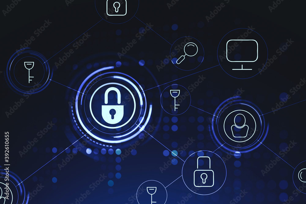 Poster immersive cyber security interface over dark blue background. concept of data protection from hacker