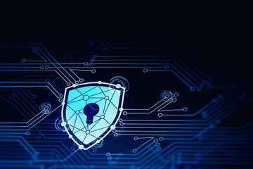 Modern cyber security interface over dark blue background. Concept of data protection from hackers. 3d rendering toned image double exposure