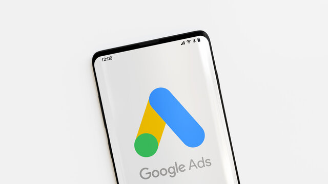 Mobile Phone With The Google Ads Logo Displayed. 3D Rendering.