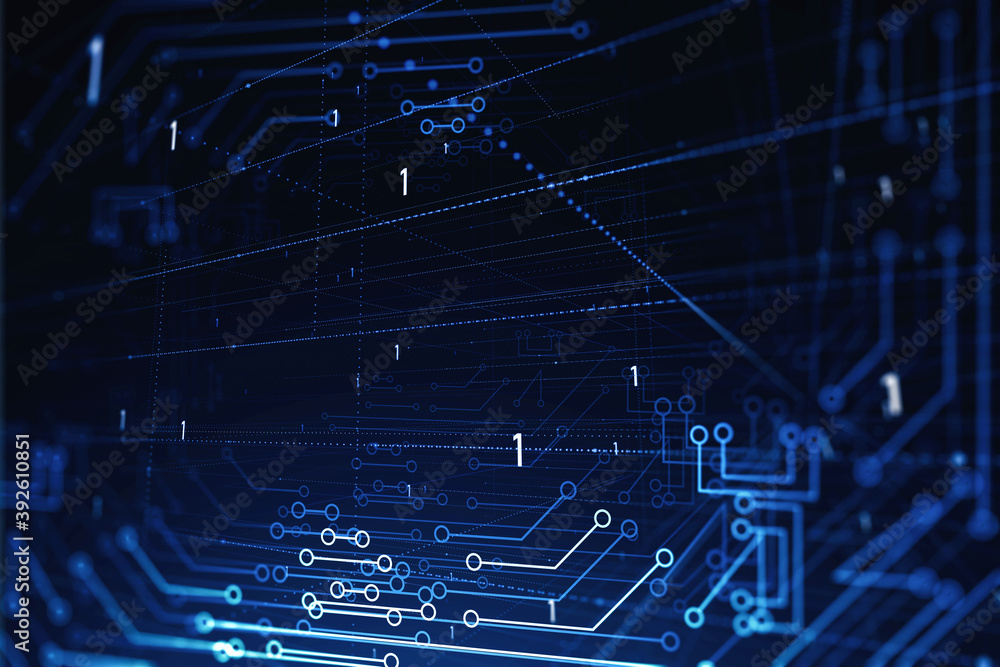 Poster futuristic circuit interface over dark blue background. concept of high tech and data analysis. 3d r