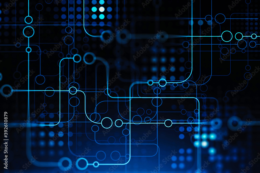 Poster futuristic circuit interface over blue background. concept of high tech and data analysis. 3d render
