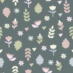 Delicate spring and summer seamless pattern of green leaves and wild flowers. The theme of ecology, environment, nature protection. Vector ornament for paper, covers, fabrics, gift wrapping