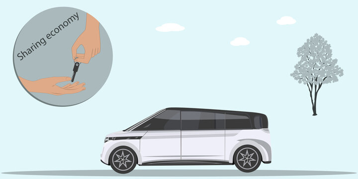 Jeep car. Car key from hand to hand. Vector illustration. Sharing Economy Design Concept
