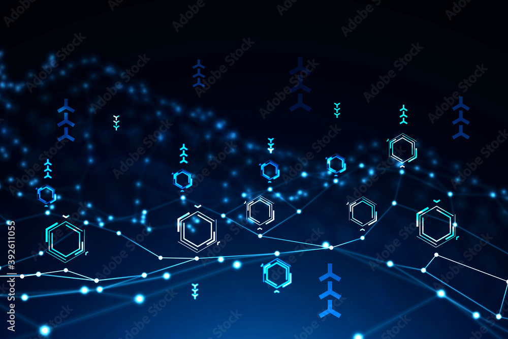 Poster modern circuit interface over dark blue background. concept of data analysis and high tech. 3d rende