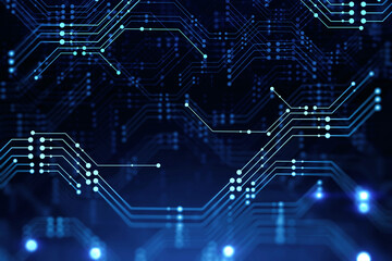 Circuit interface over blue background. Concept of data analysis and high tech. 3d rendering toned image double exposure