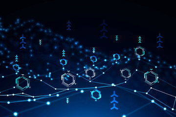 Modern circuit interface over dark blue background. Concept of data analysis and high tech. 3d rendering toned image double exposure