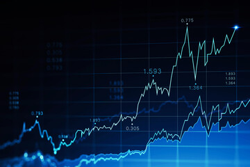 Immersive trading and graph interface over dark blue background. Concept of stock market. 3d rendering toned image double exposure